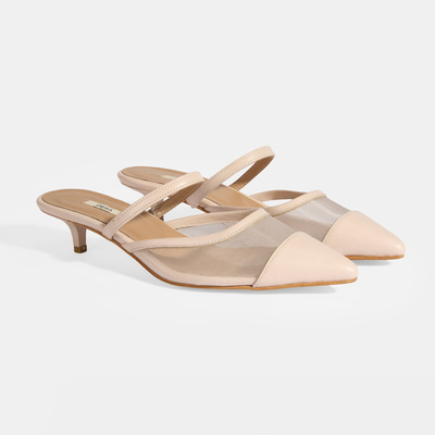 Kadın Krem Fileli Deri Topuklu Terlik