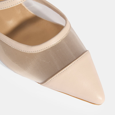 Kadın Krem Fileli Deri Topuklu Terlik