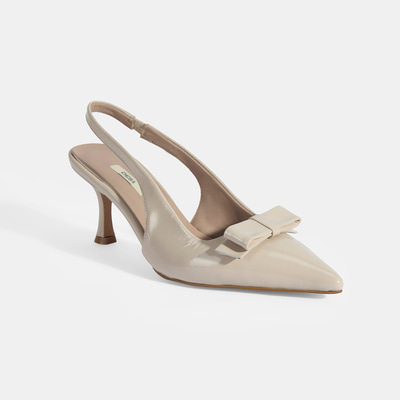 Kadın Krem Fiyonk Detaylı Rugan Topuklu Klasik Ayakkabı