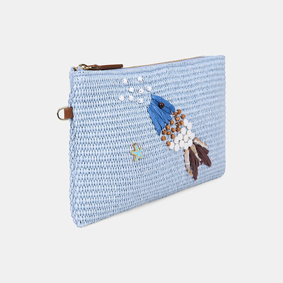 Kadın Mavi Balık Motifli Hasır Clutch