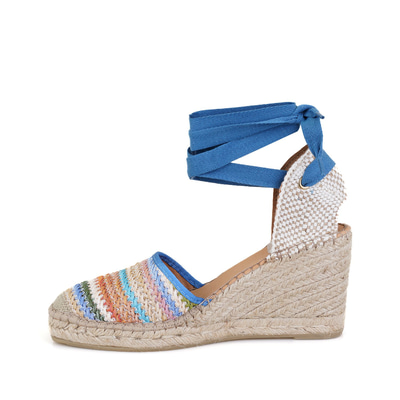 Kadın Mavi Dolgu Topuklu Deri Espadril Sandalet