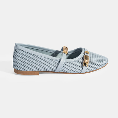 Kadın Mavi Metal Toka Aksesuarlı Deri Babet