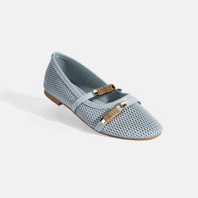 Kadın Mavi Metal Toka Aksesuarlı Deri Babet