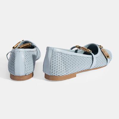 Kadın Mavi Metal Toka Aksesuarlı Deri Babet