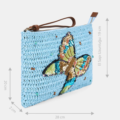 Kadın Mavi Yusufçuk Figürlü Hasır Clutch Çanta