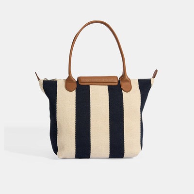 Kadın Monogram Logolu Lacivert Çizgili Kumaş Midi Omuz Çantası