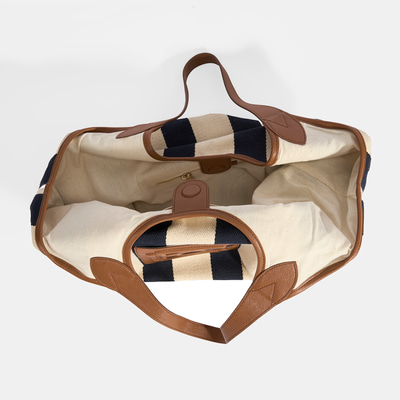 Kadın Monogram Logolu Lacivert Çizgili Kumaş Omuz Çantası