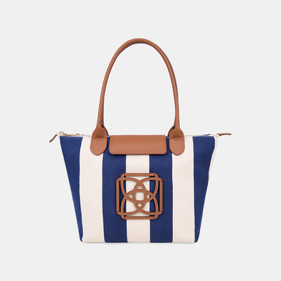 Kadın Monogram Logolu Lacivert Çizgili Kumaş Midi Omuz Çantası