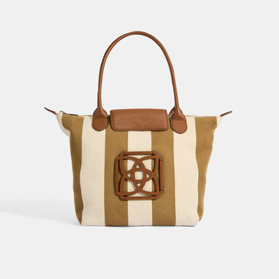 Kadın Monogram Logolu Vizon Çizgili Kumaş Midi Omuz Çantası