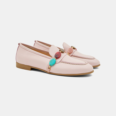 Kadın Pembe Renkli Taş Aksesuarlı Deri Loafer
