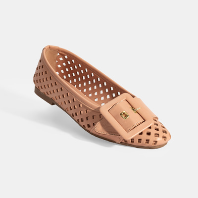 Kadın Pembe Toka Aksesuarlı Perforeli Deri Babet