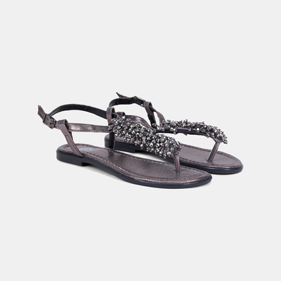 Kadın Platin Boncuk İşlemeli Parmak Arası Sandalet