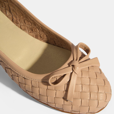 Kadın Pudra Örgü Detaylı Fiyonklu Deri Babet