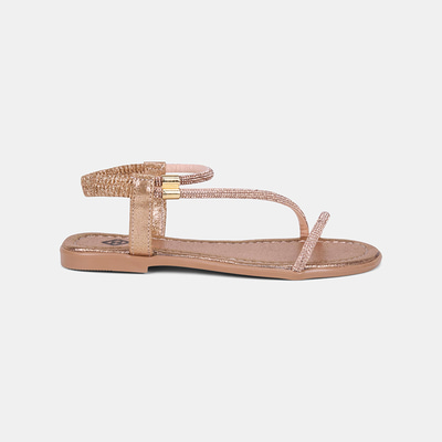 Kadın Rose Gold Arkası Lastikli Taş Detaylı İnce Bantlı Sandalet