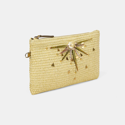 Kadın Sarı Güneş Motifli Hasır Clutch