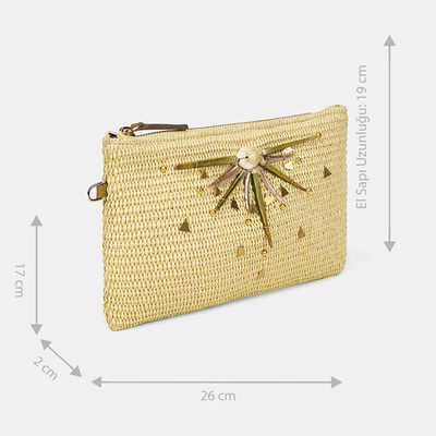 Kadın Sarı Güneş Motifli Hasır Clutch