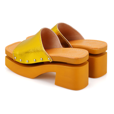 Kadın Sarı Topuklu Deri Terlik