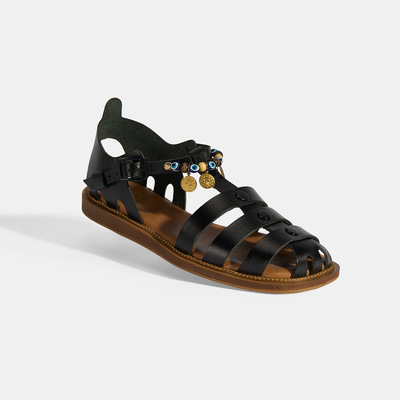 Kadın Siyah Aksesuar Detaylı Ayarlanabilir Tokalı Deri Sandalet