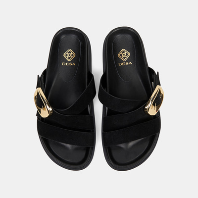 Kadın Siyah Ayarlanabilir Gold Tokalı Süet Terlik