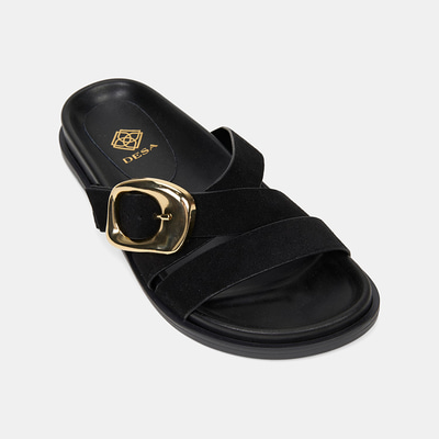 Kadın Siyah Ayarlanabilir Gold Tokalı Süet Terlik