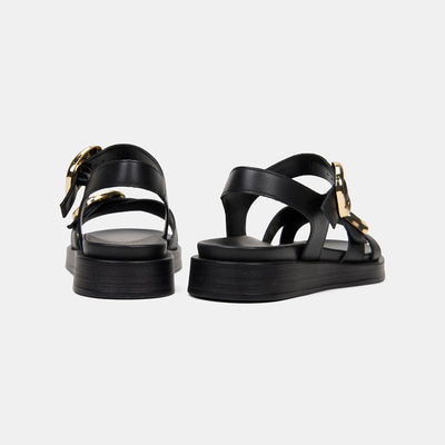 Kadın Siyah Ayarlanabilir Metal Tokalı Deri Sandalet