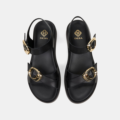 Kadın Siyah Ayarlanabilir Metal Tokalı Deri Sandalet