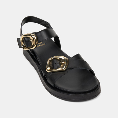 Kadın Siyah Ayarlanabilir Metal Tokalı Deri Sandalet