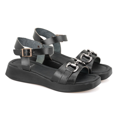 Kadın Siyah Ayarlanabilir Tokalı Deri Sandalet