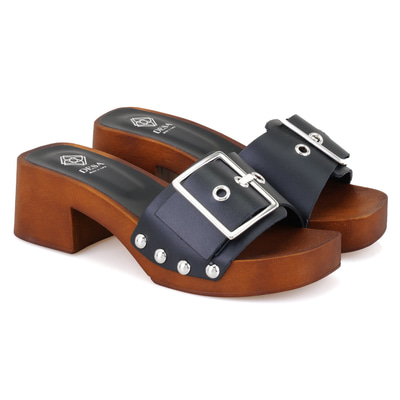 Kadın Siyah Ayarlanabilir Tokalı Deri Terlik