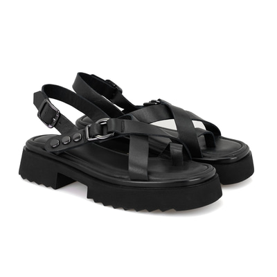 Kadın Siyah Ayarlanabilir Tokalı Deri Sandalet