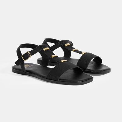 Kadın Siyah Ayarlanabilir Tokalı Deri Sandalet