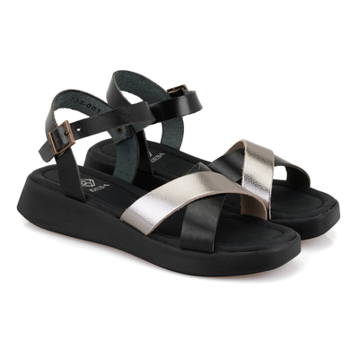 Kadın Siyah Ayarlanabilir Tokalı Deri Sandalet