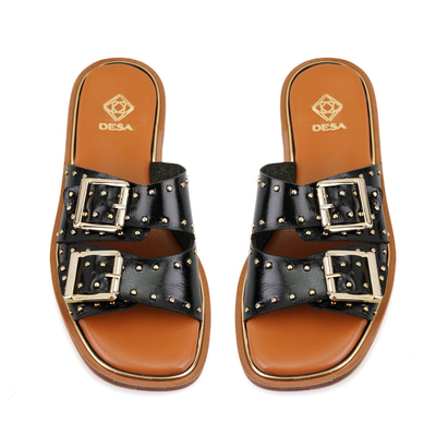 Kadın Siyah Ayarlanabilir Tokalı Deri Terlik