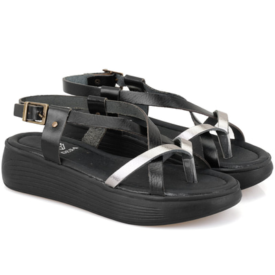 Kadın Siyah Dolgu Tabanlı Deri Sandalet