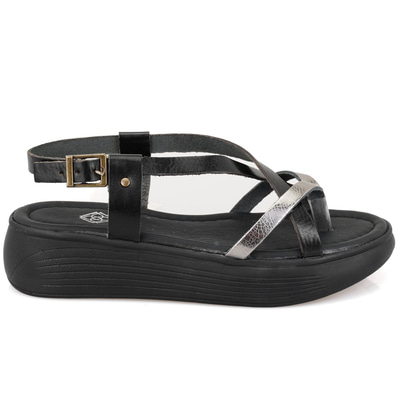 Kadın Siyah Dolgu Tabanlı Deri Sandalet