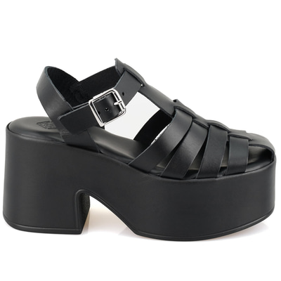 Kadın Siyah Dolgu Topuklu Deri Sandalet