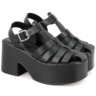 Kadın Siyah Dolgu Topuklu Deri Sandalet