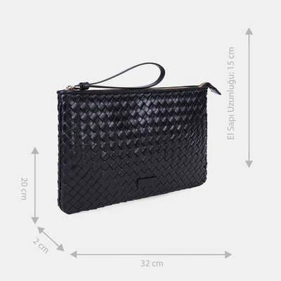 Kadın Siyah El Örgüsü Deri Clutch
