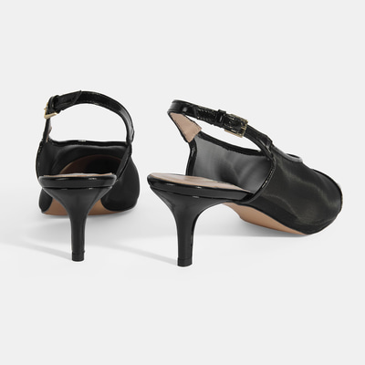 Kadın Siyah Fileli Ayarlanabilir Tokalı Rugan Topuklu Klasik Ayakkabı