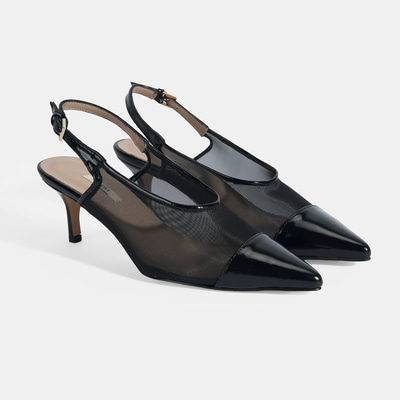 Kadın Siyah Fileli Ayarlanabilir Tokalı Rugan Topuklu Klasik Ayakkabı