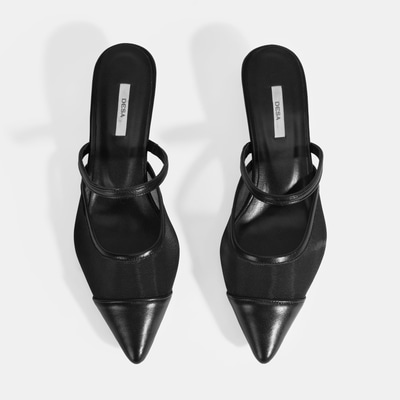 Kadın Siyah Fileli Deri Topuklu Terlik