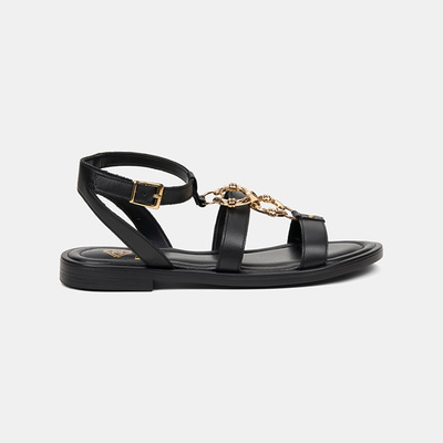 Kadın Siyah Gold Aksesuar Detaylı Deri Sandalet