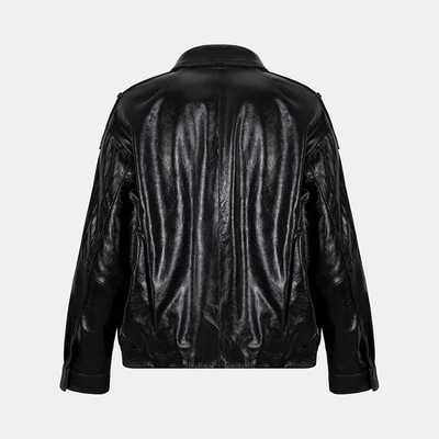 Kadın Siyah Gömlek Yakalı Deri Bomber Ceket