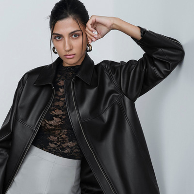 Kadın Siyah Gömlek Yakalı Deri Ceket