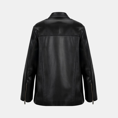 Kadın Siyah Gömlek Yakalı Deri Ceket