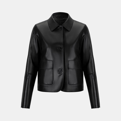 Kadın Siyah Gömlek Yakalı Düğmeli Kısa Deri Ceket