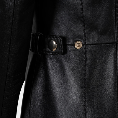 Kadın Siyah Hakim Yakalı Kapüşonlu Deri Kaban