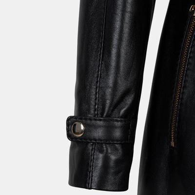 Kadın Siyah Hakim Yakalı Kapüşonlu Deri Kaban