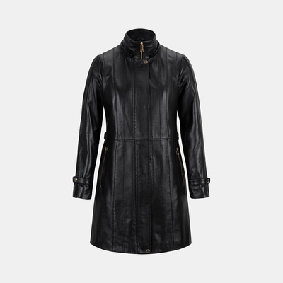 Kadın Siyah Hakim Yakalı Kapüşonlu Deri Kaban