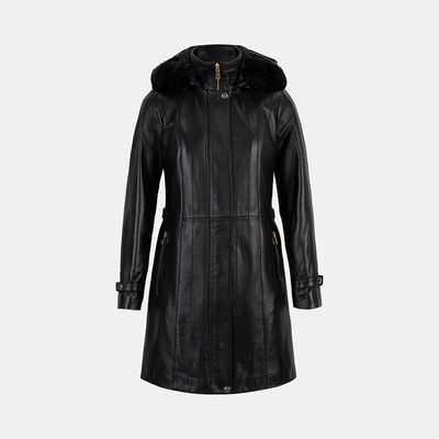 Kadın Siyah Hakim Yakalı Kapüşonlu Deri Kaban